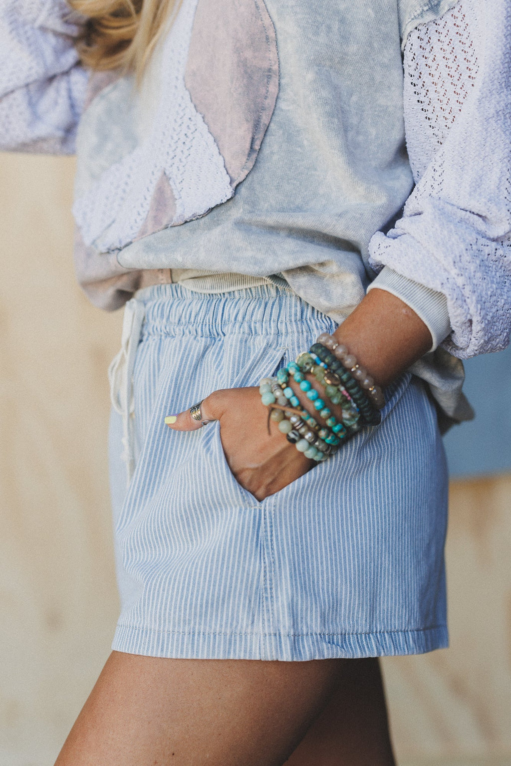 Denim Daze Drawstring Shorts - Denim Stripe