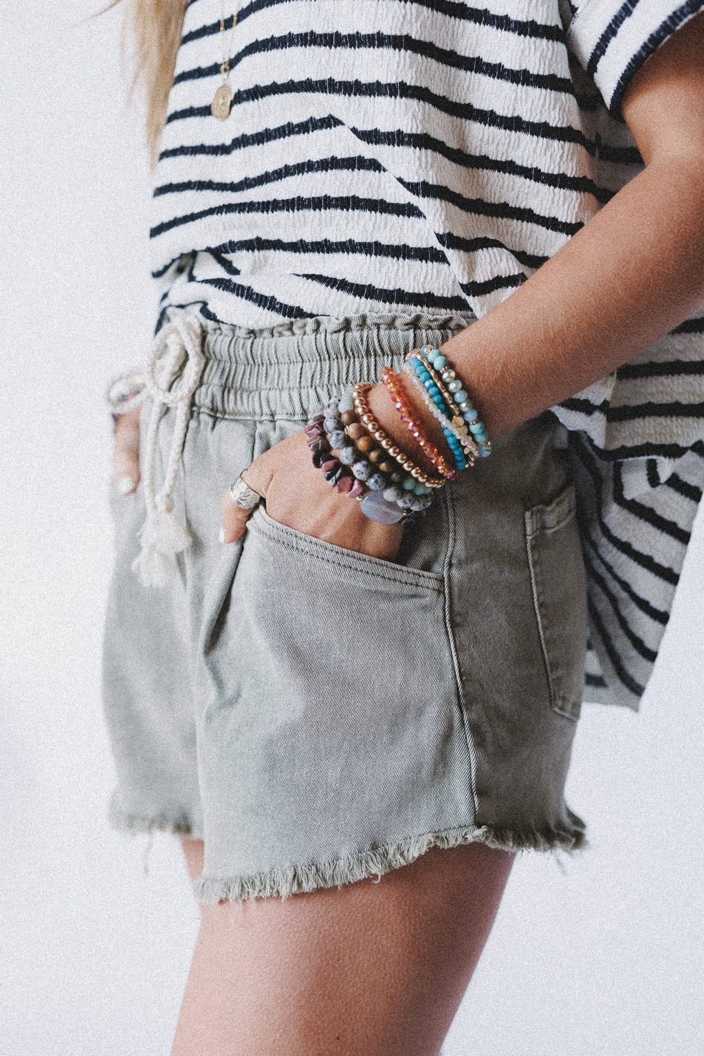 Open Sunroof Frayed Denim Shorts - Olive