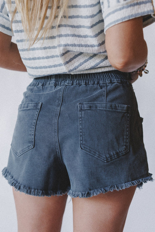 Open Sunroof Frayed Denim Shorts - Black
